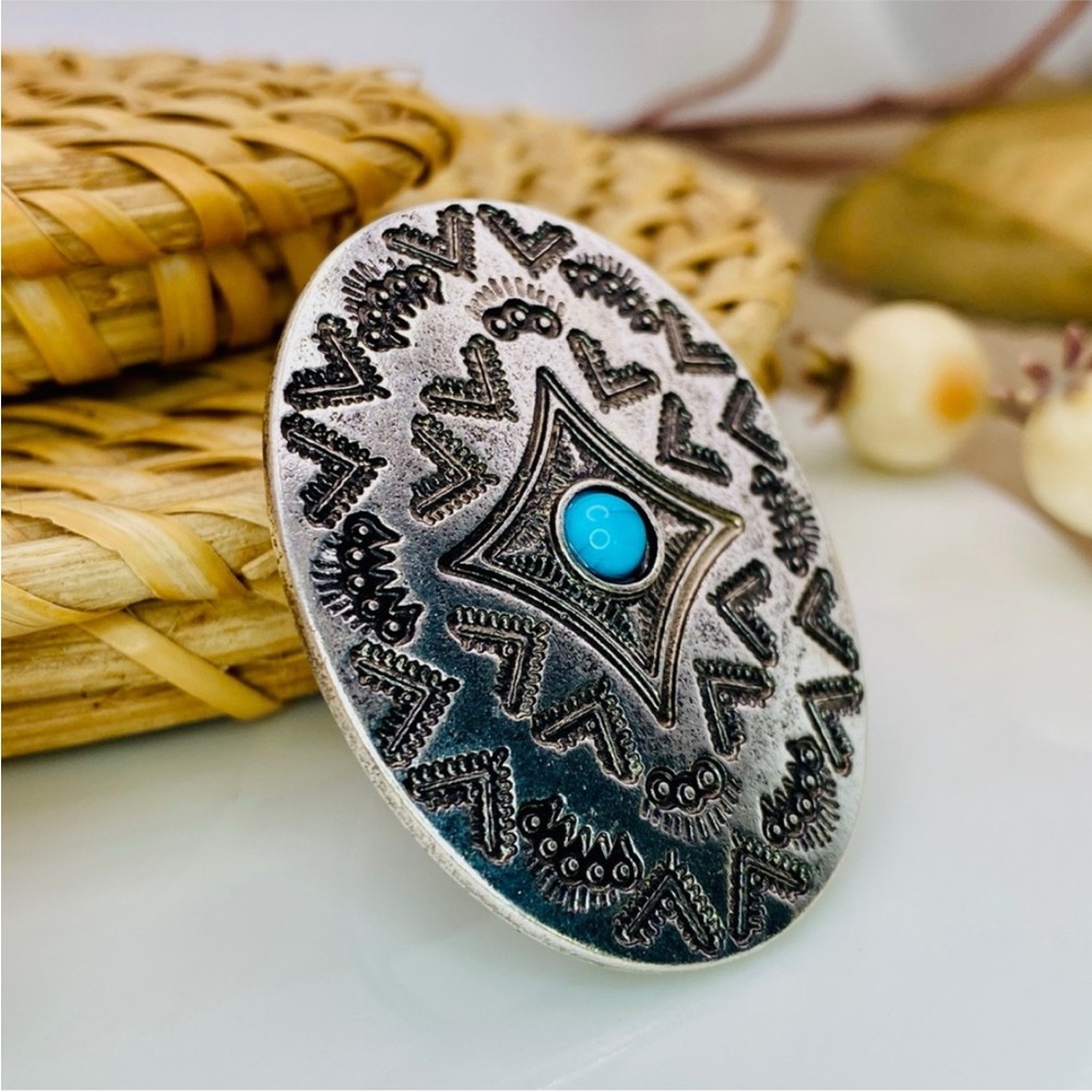 Bohemian Oxidized Silver and Turquoise Decorative Statement Ring
